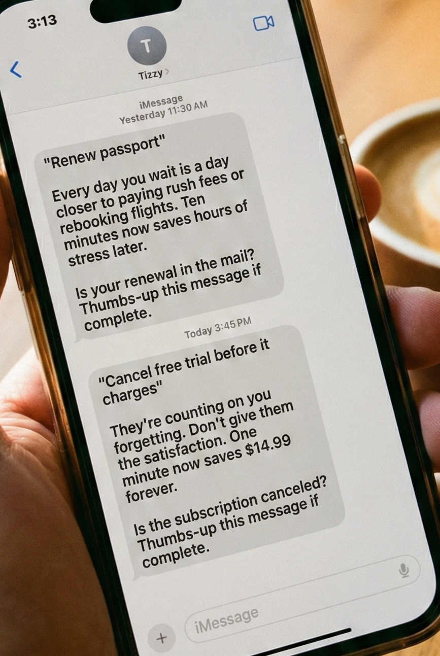 Tizzy reminder text messages on iPhone