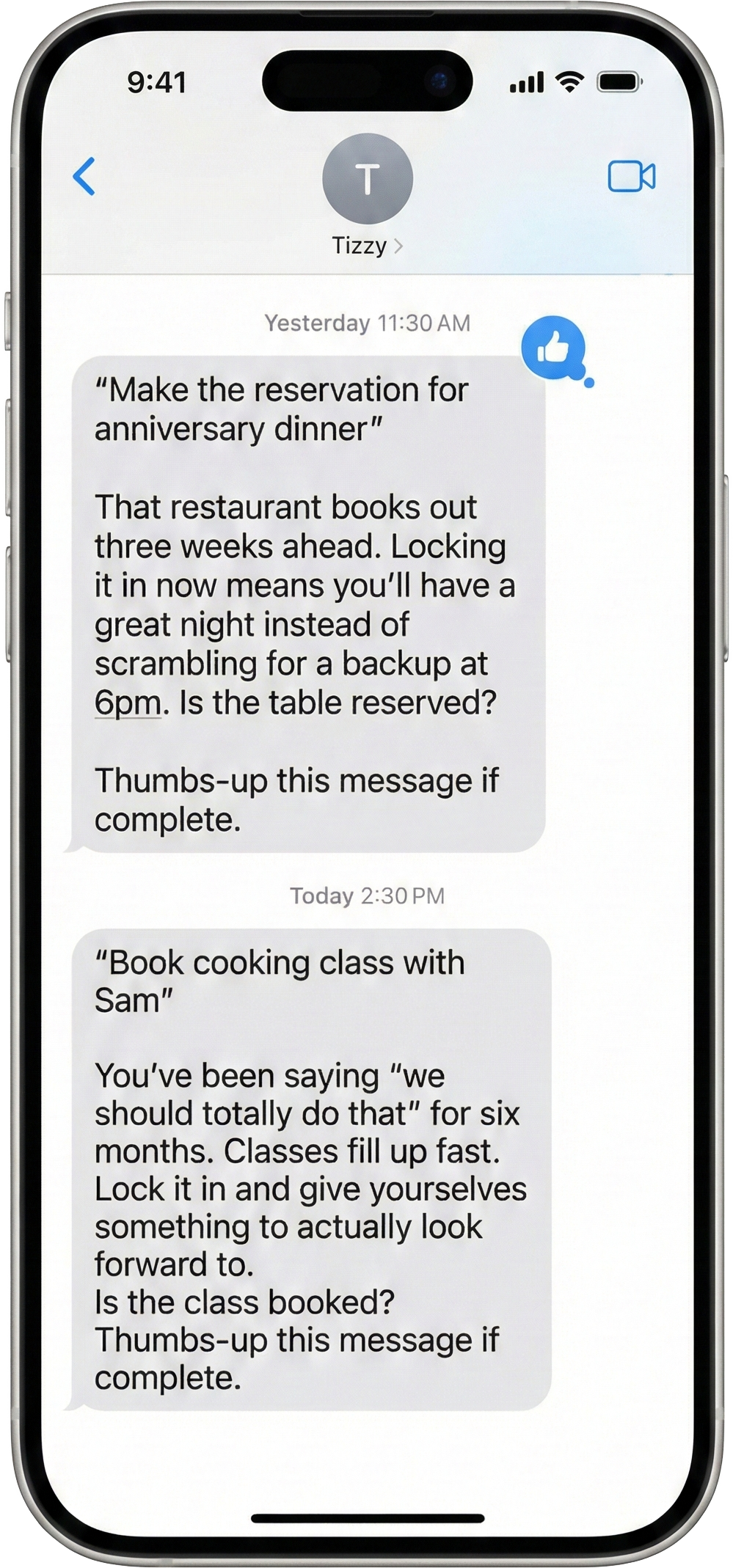 Tizzy reminder messages on iPhone